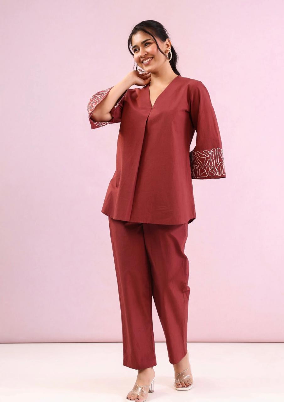 Red Embroidered Cotton Co-ord Set
