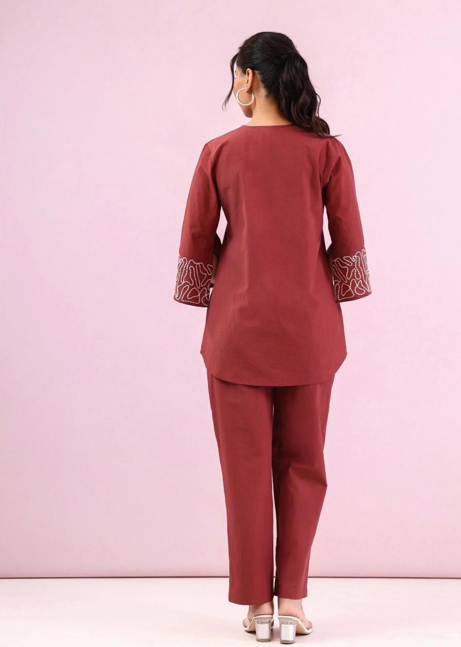 Red Embroidered Cotton Co-ord Set