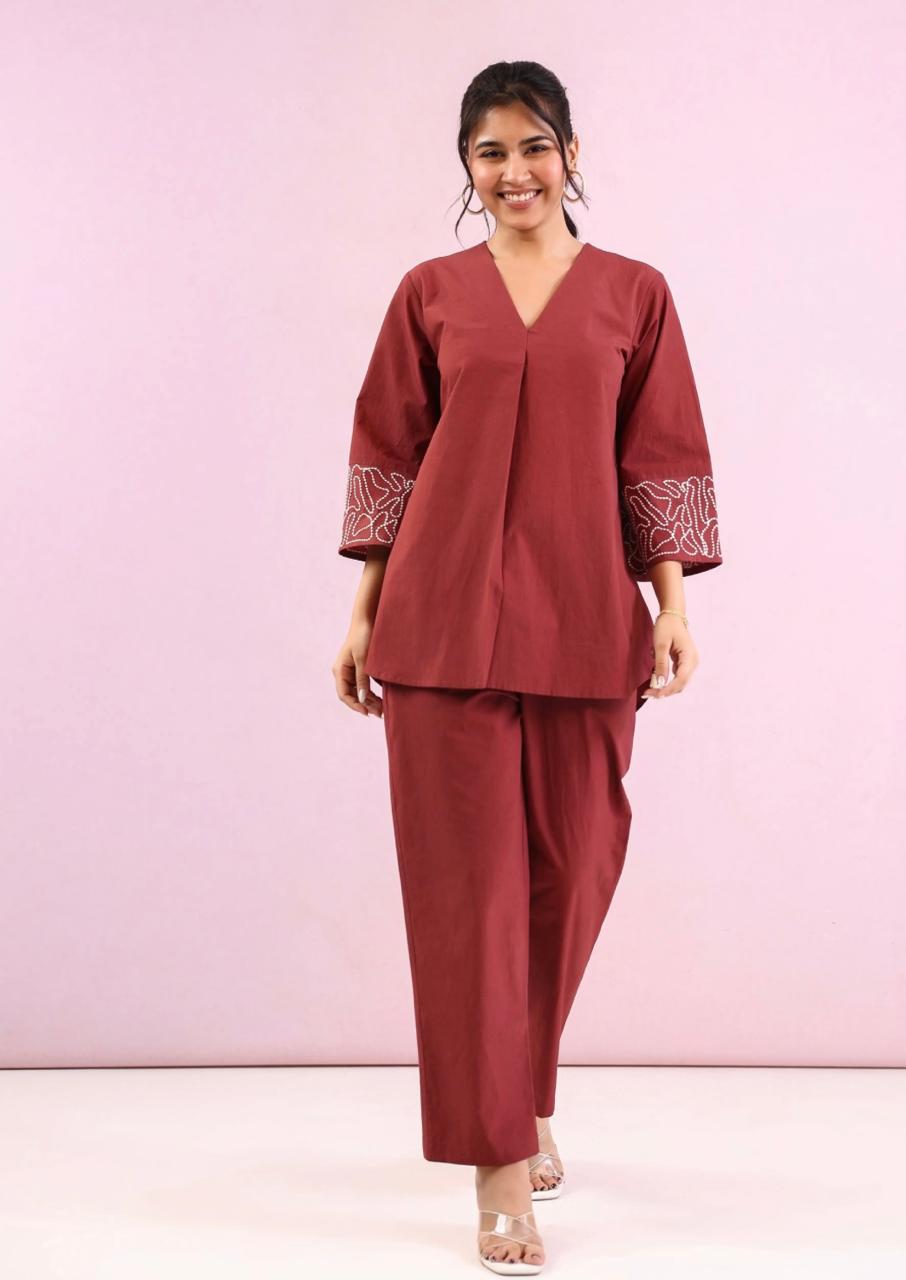 Red Embroidered Cotton Co-ord Set