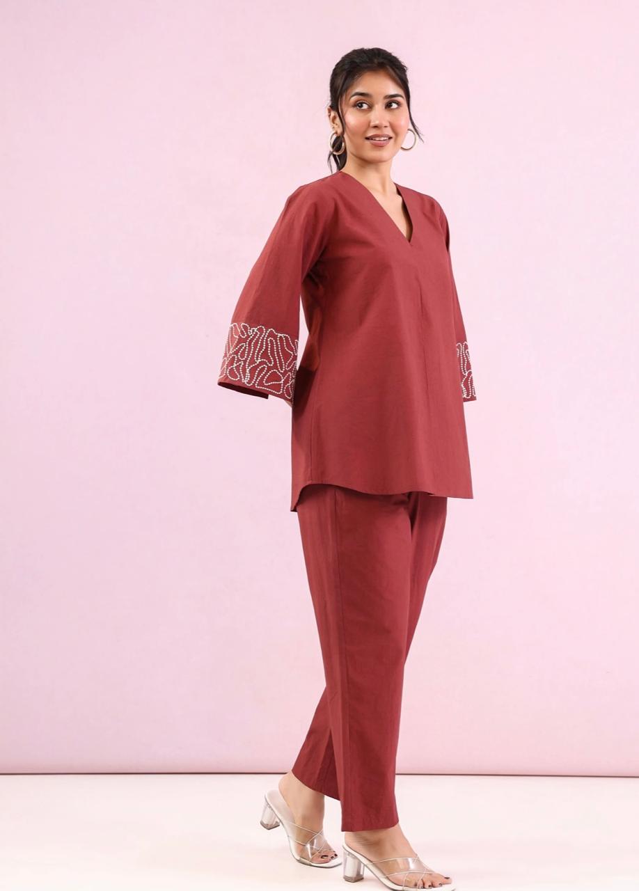 Red Embroidered Cotton Co-ord Set