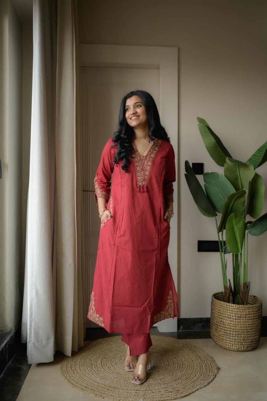 Red Cotton Embroidered Kurti Set