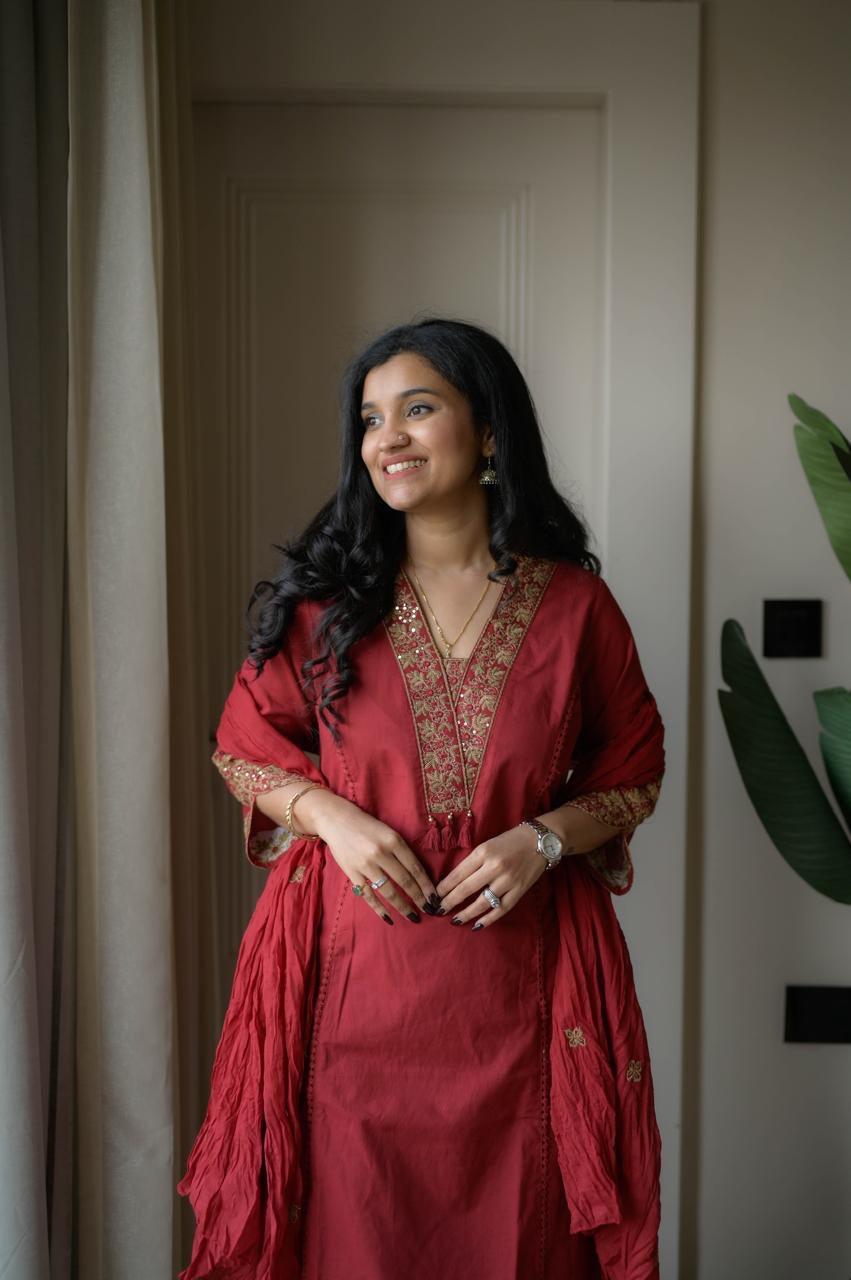 Red Cotton Embroidered Kurti Set