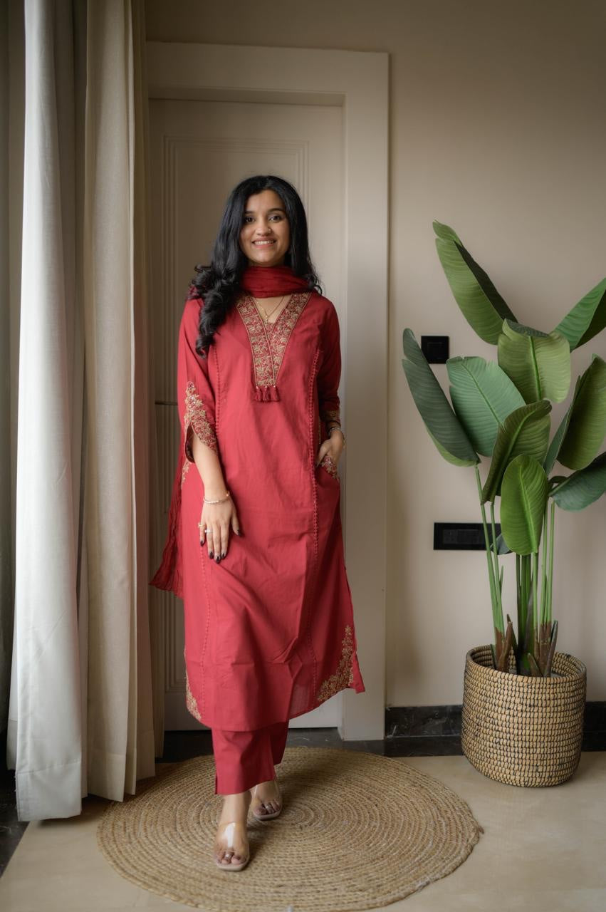 Red Cotton Embroidered Kurti Set