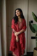 Red Cotton Embroidered Kurti Set