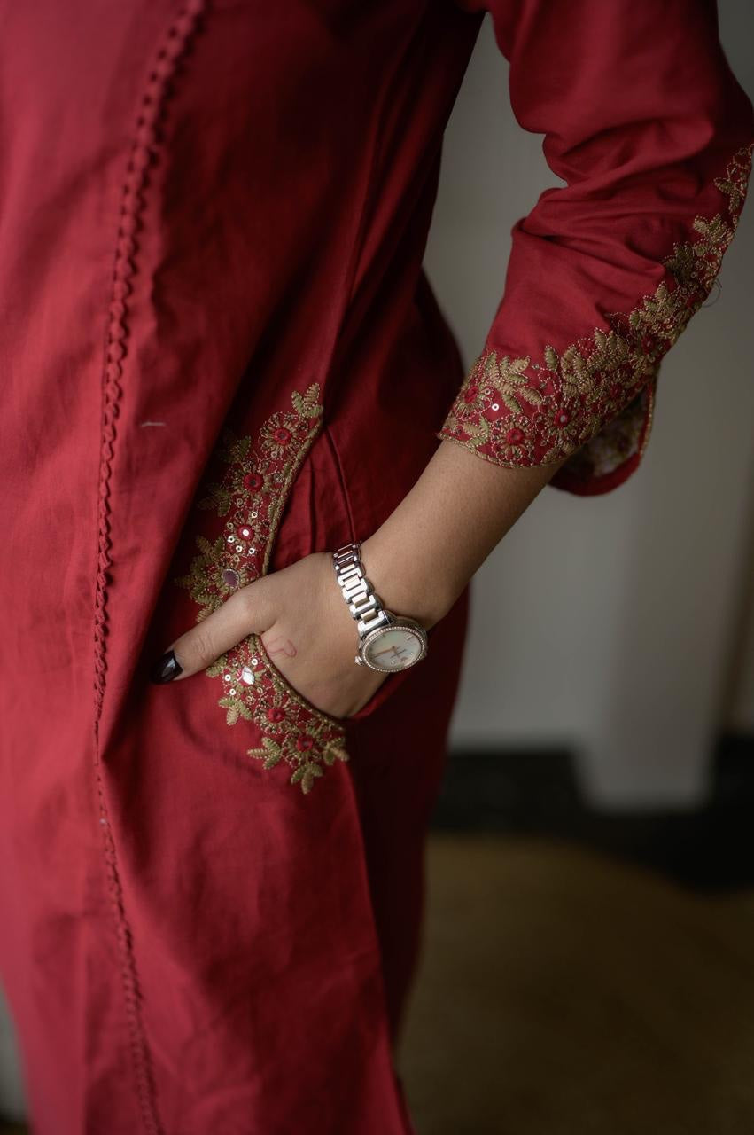 Red Cotton Embroidered Kurti Set
