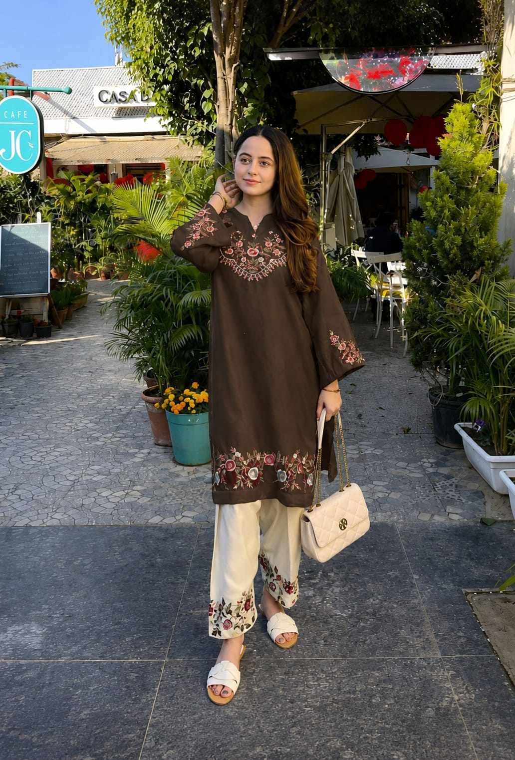 Brown Pure Cotton Embroidered Co-ord Set