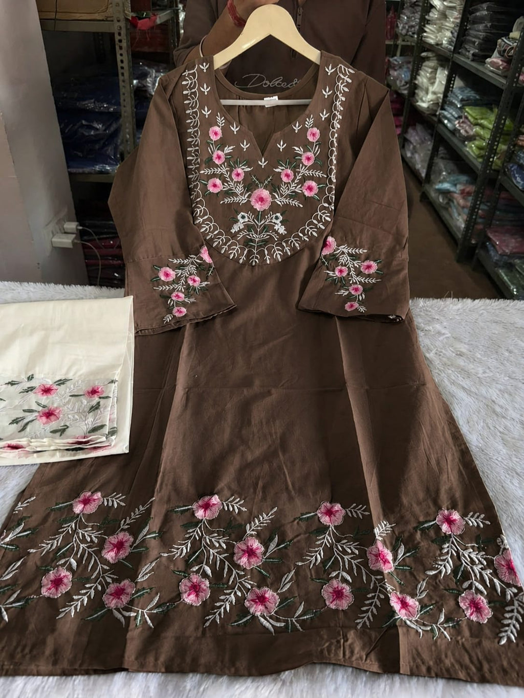 Brown Pure Cotton Embroidered Co-ord Set