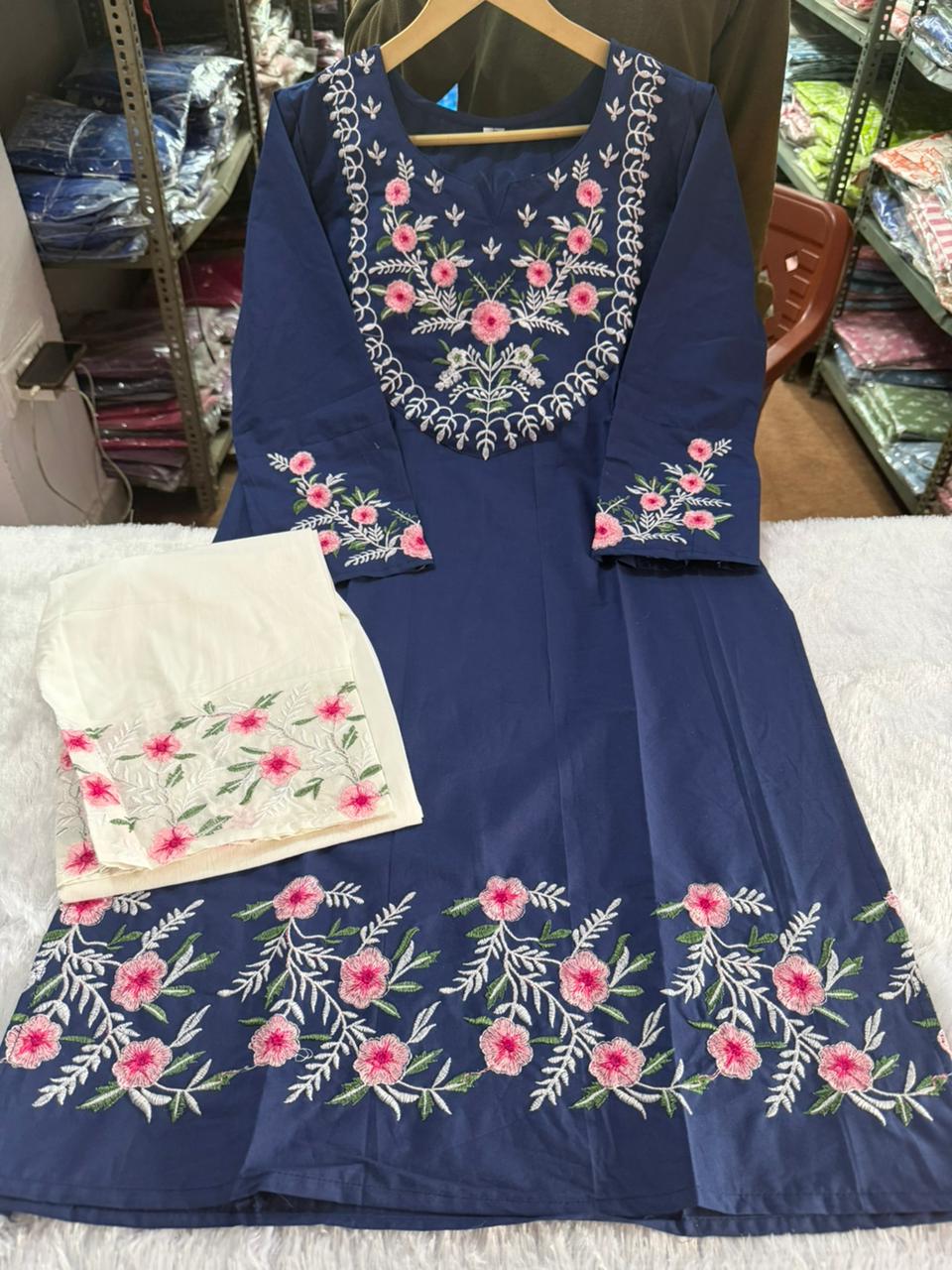 Blue Pure Cotton Embroidered Co-ord Set