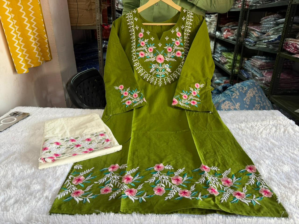 Green Pure Cotton Embroidered Co-ord Set