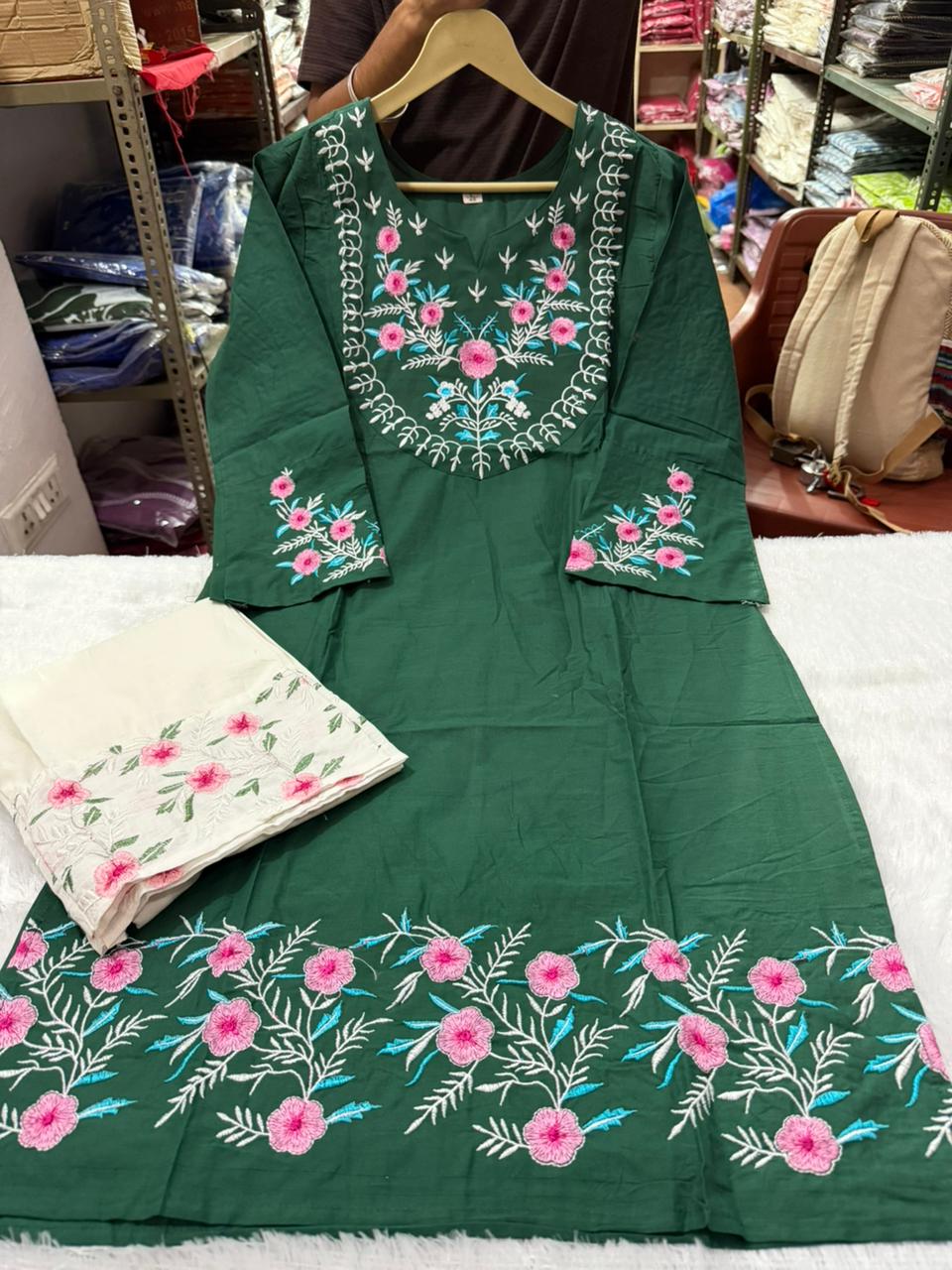Dark Green Pure Cotton Embroidered Co-ord Set