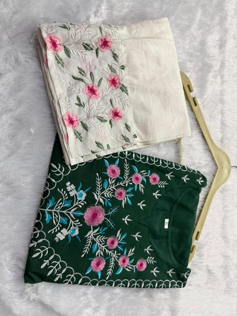 Dark Green Pure Cotton Embroidered Co-ord Set