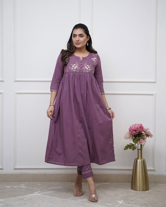 Purple Cotton Collared Kurta Set