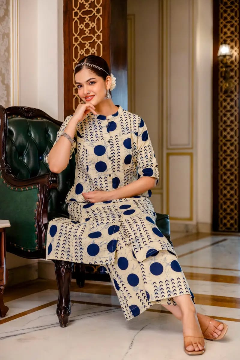 Cream with Navy Blue Floral Kurti Palazzo Set