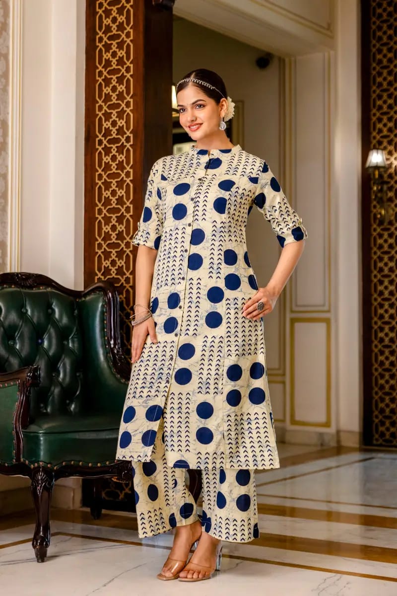 Cream with Navy Blue Floral Kurti Palazzo Set