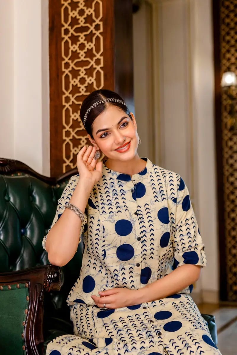 Cream with Navy Blue Floral Kurti Palazzo Set