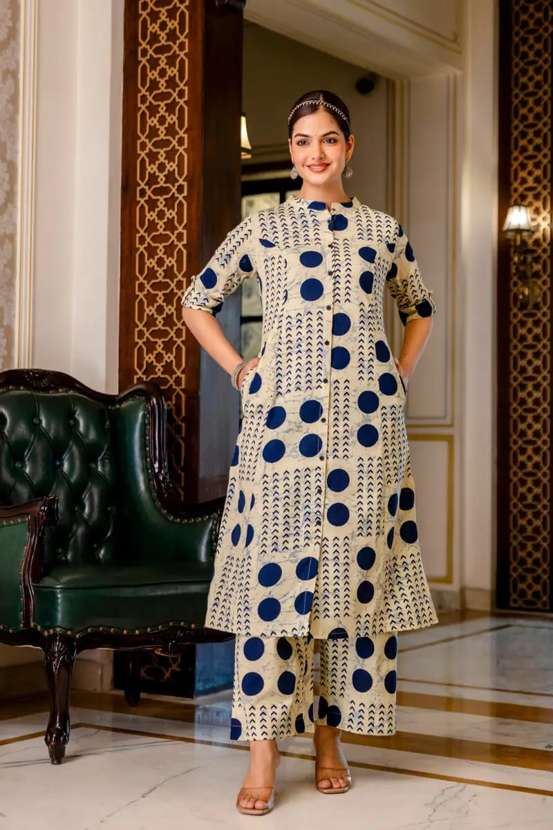 Cream with Navy Blue Floral Kurti Palazzo Set