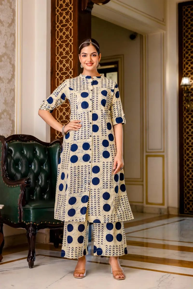 Cream with Navy Blue Floral Kurti Palazzo Set