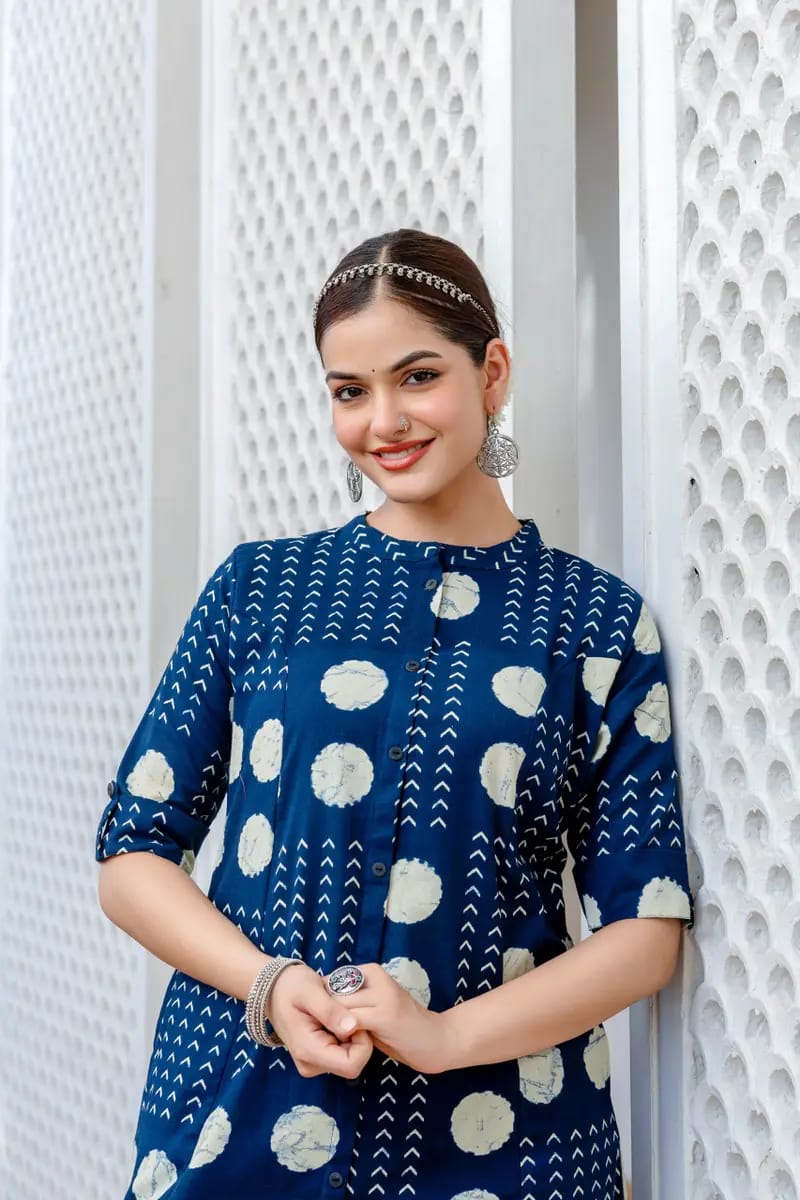Blue Floral Fine Cotton Kurti Palazzo Set