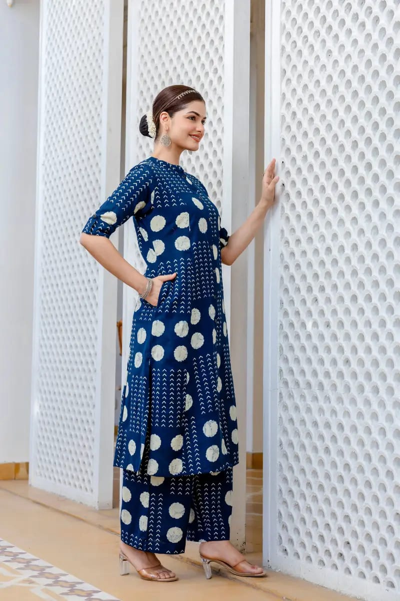 Blue Floral Fine Cotton Kurti Palazzo Set