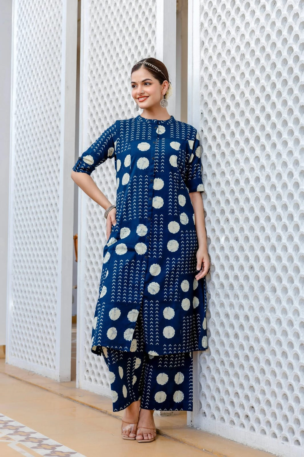 Blue Floral Fine Cotton Kurti Palazzo Set