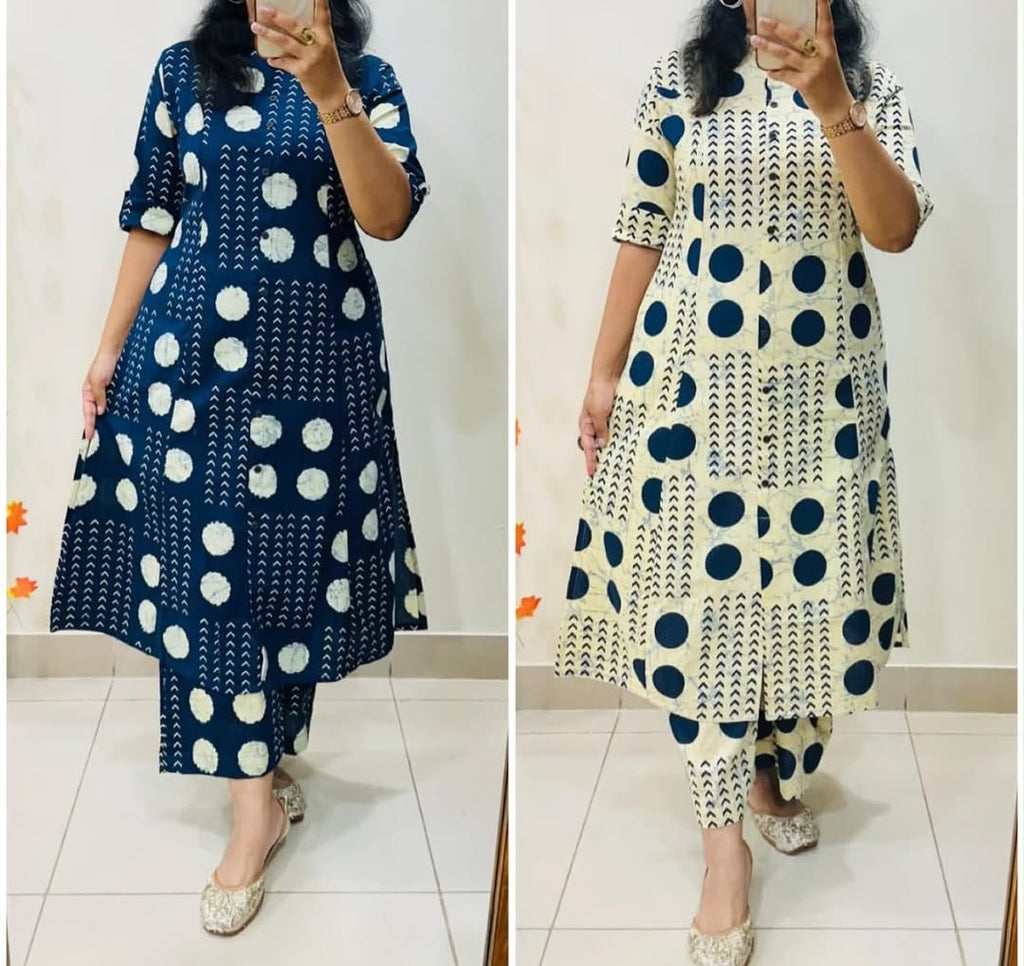 Blue Floral Fine Cotton Kurti Palazzo Set