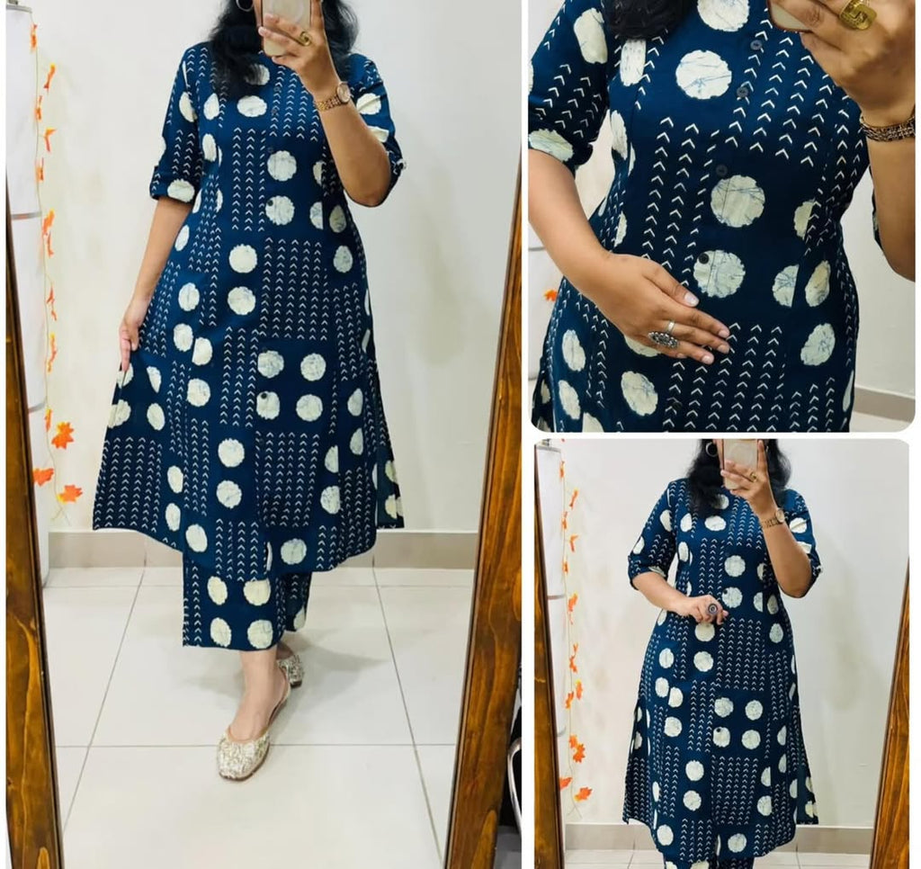 Blue Floral Fine Cotton Kurti Palazzo Set
