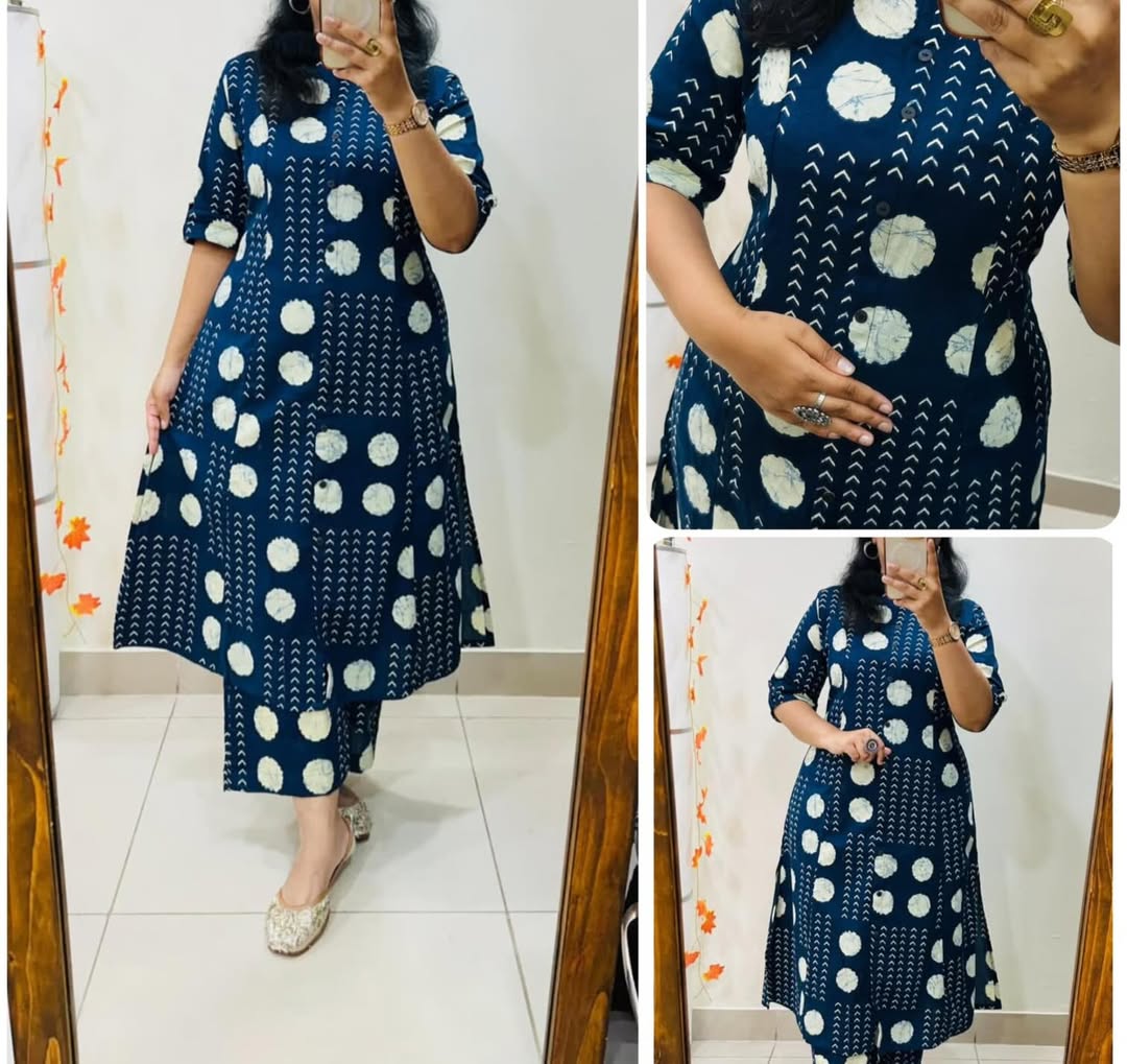 Blue Floral Fine Cotton Kurti Palazzo Set