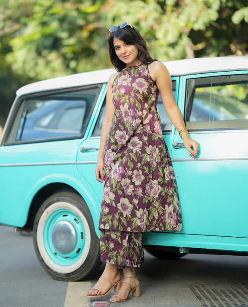 Purple Floral Cotton Kurti Palazzo Set
