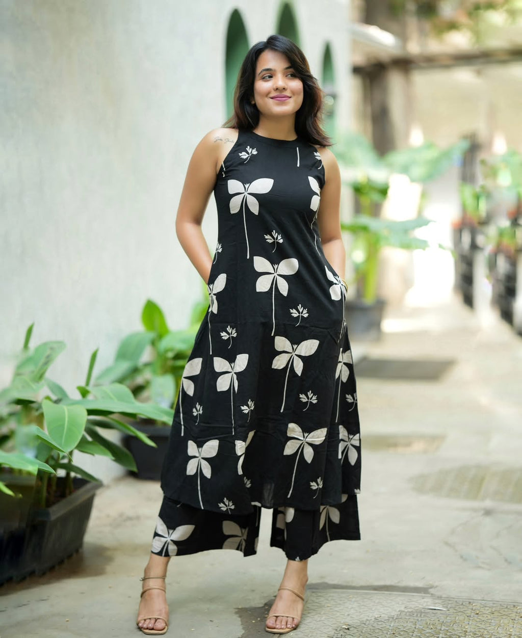 Black Floral Cotton Kurti Palazzo Set