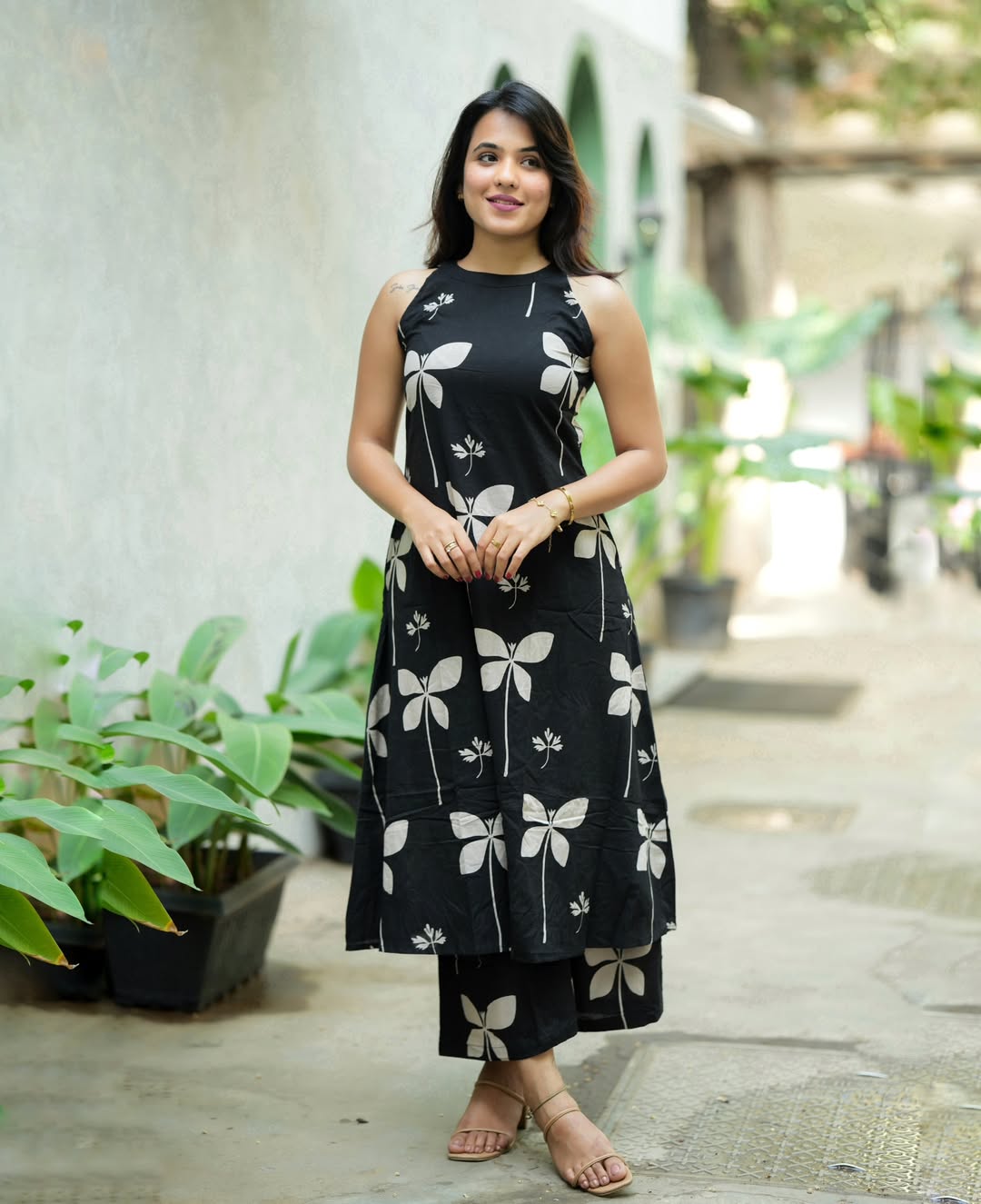 Black Floral Cotton Kurti Palazzo Set
