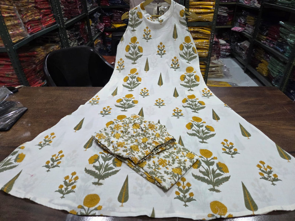 White Floral Cotton Kurti Palazzo Set