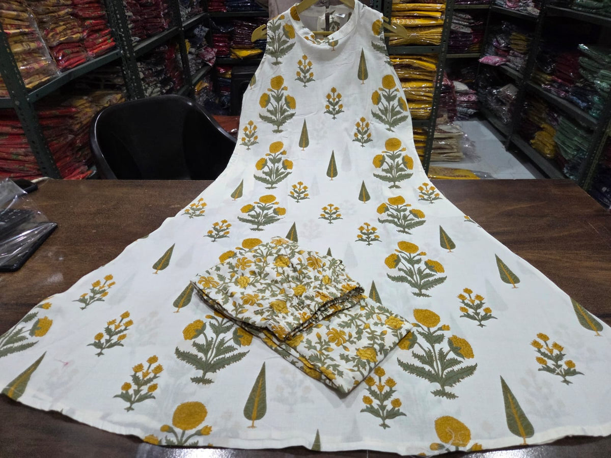 White Floral Cotton Kurti Palazzo Set