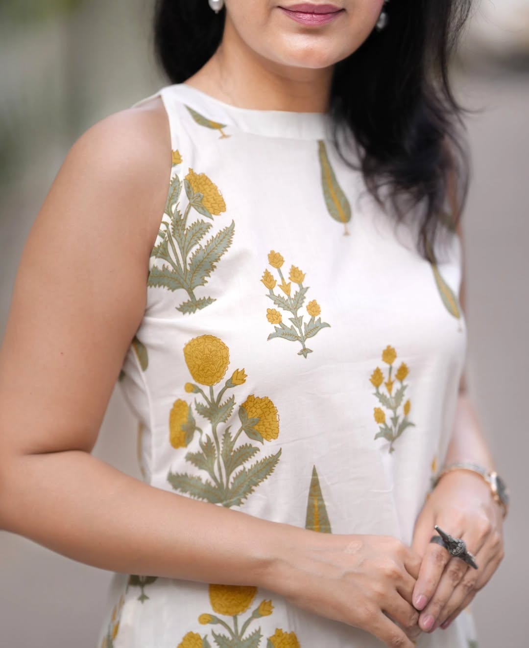 White Floral Cotton Kurti Palazzo Set