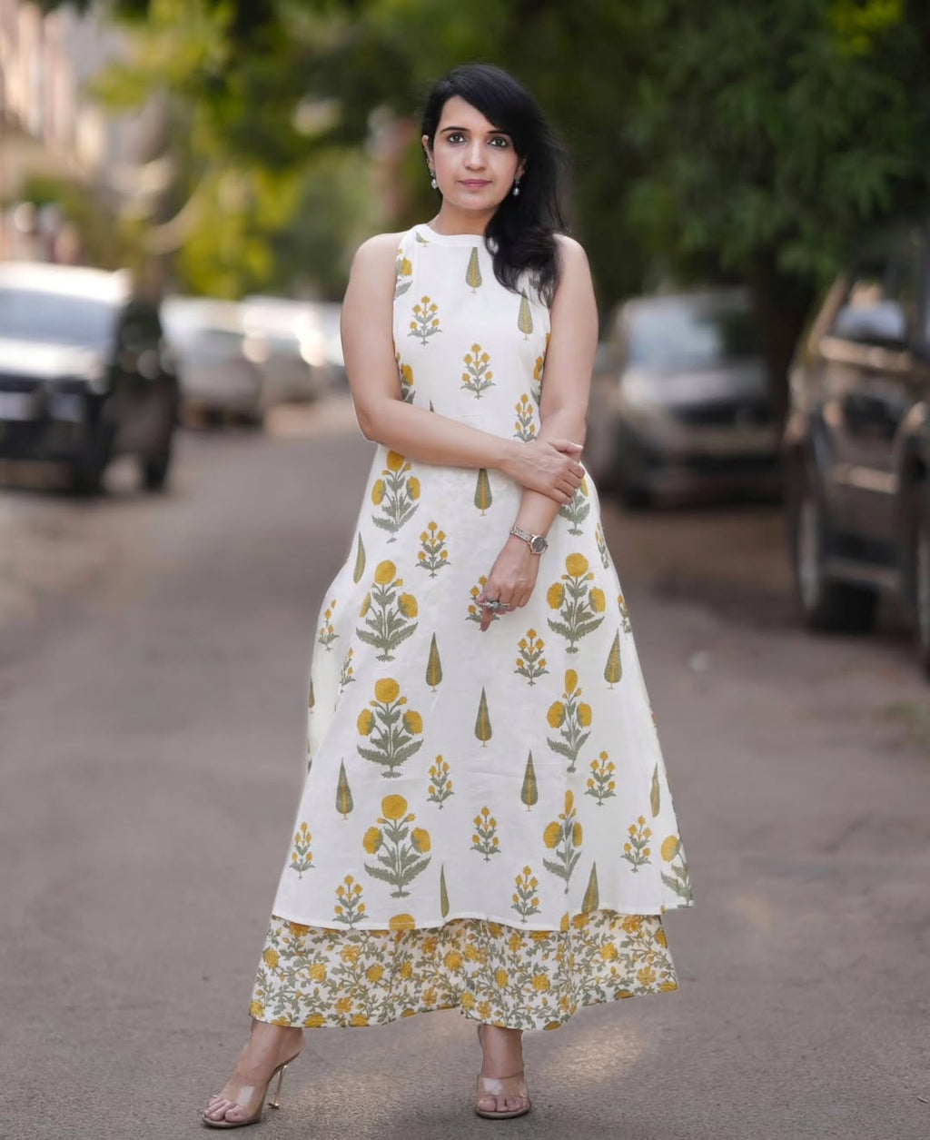 White Floral Cotton Kurti Palazzo Set