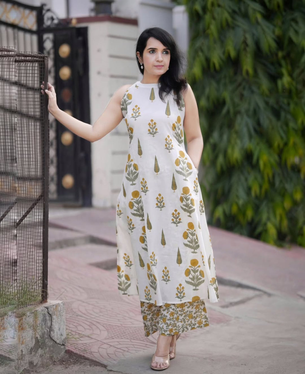 White Floral Cotton Kurti Palazzo Set