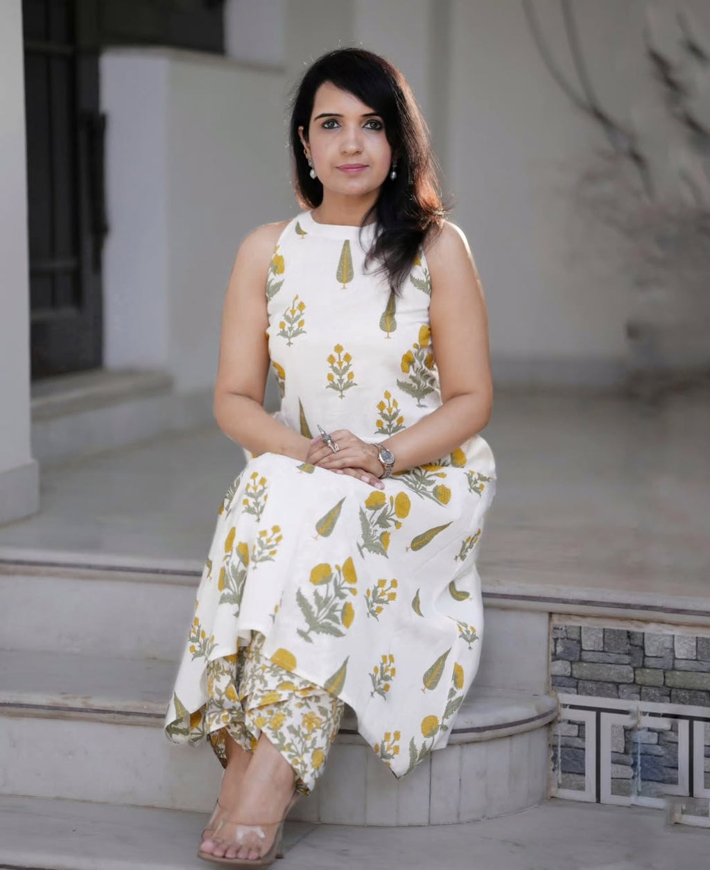 White Floral Cotton Kurti Palazzo Set