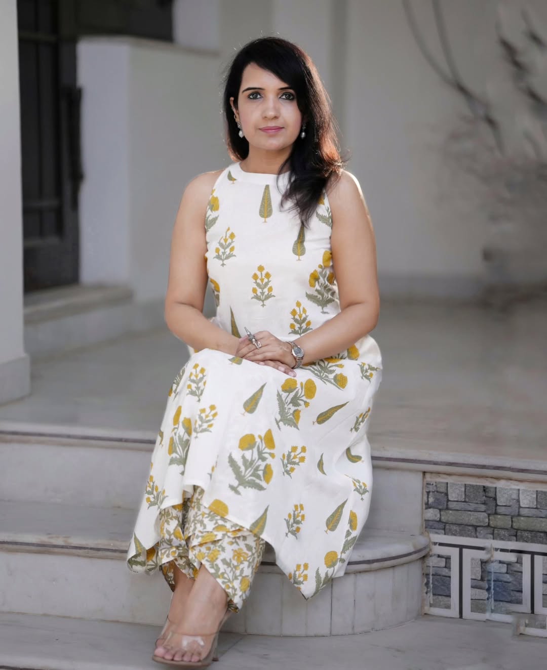 White Floral Cotton Kurti Palazzo Set