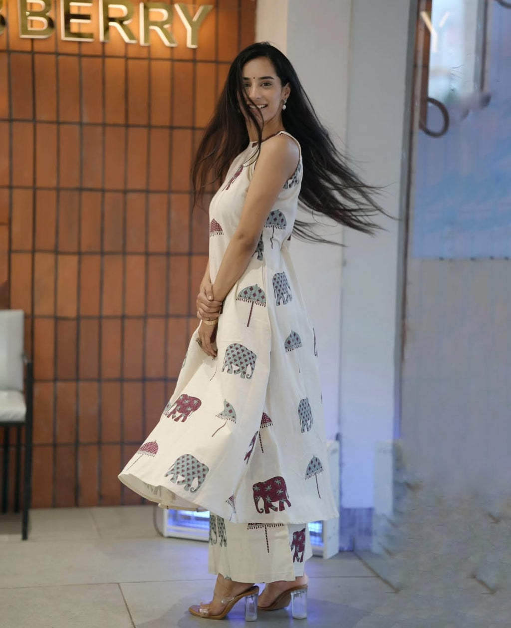 White Floral Cotton Kurti Palazzo Set