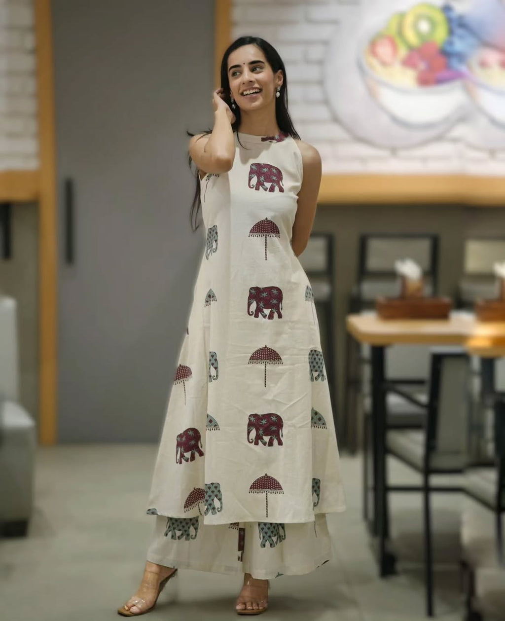 White Floral Cotton Kurti Palazzo Set