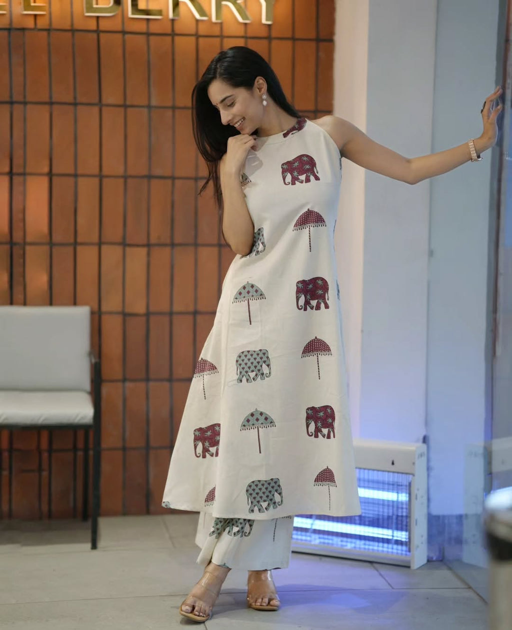 White Floral Cotton Kurti Palazzo Set