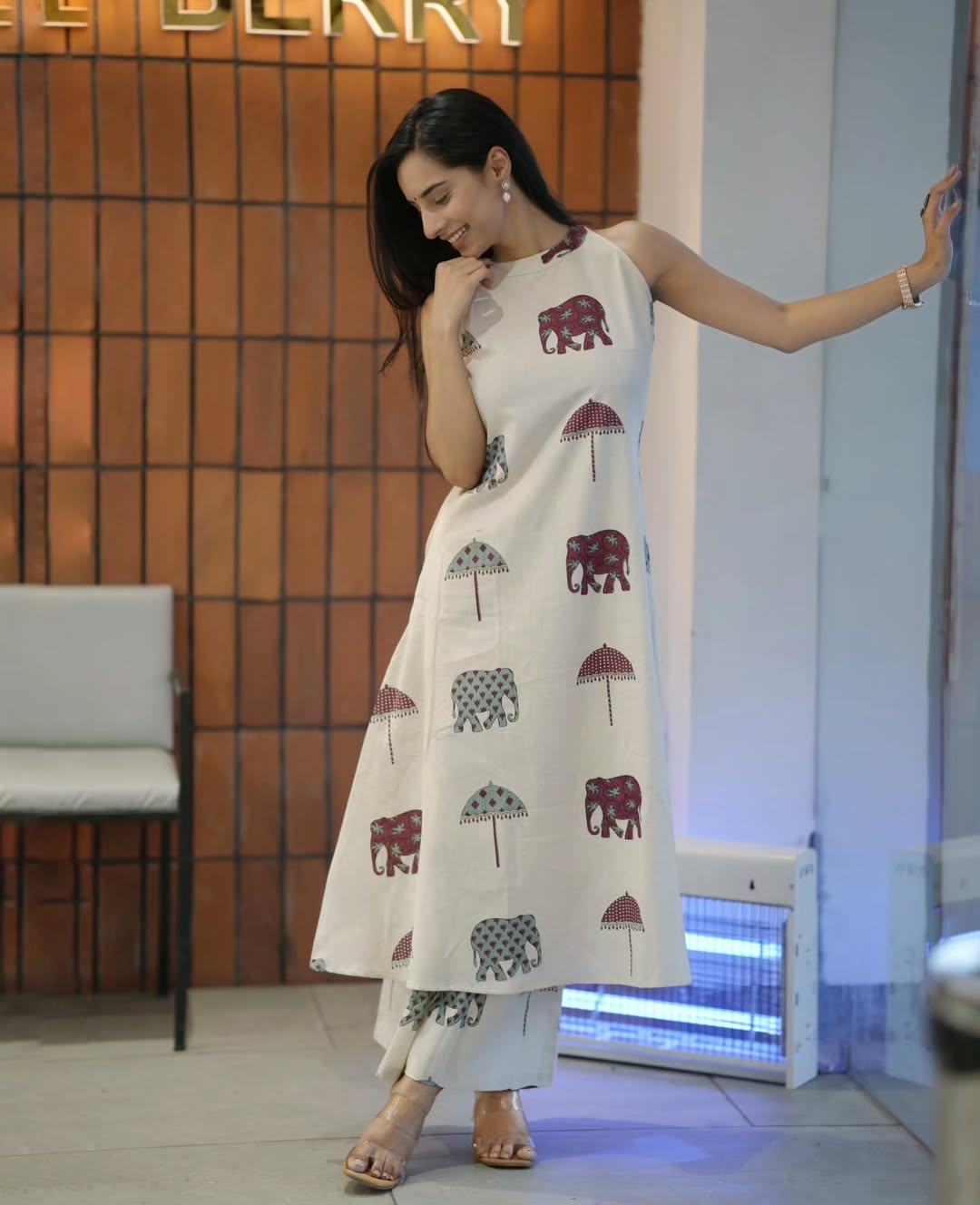 White Floral Cotton Kurti Palazzo Set