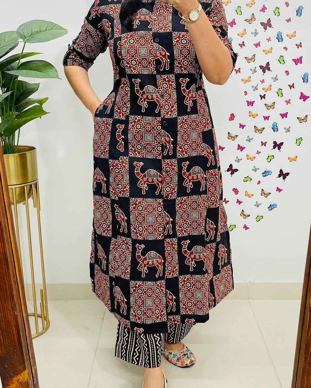 Black Floral Cotton Kurti Palazzo Set