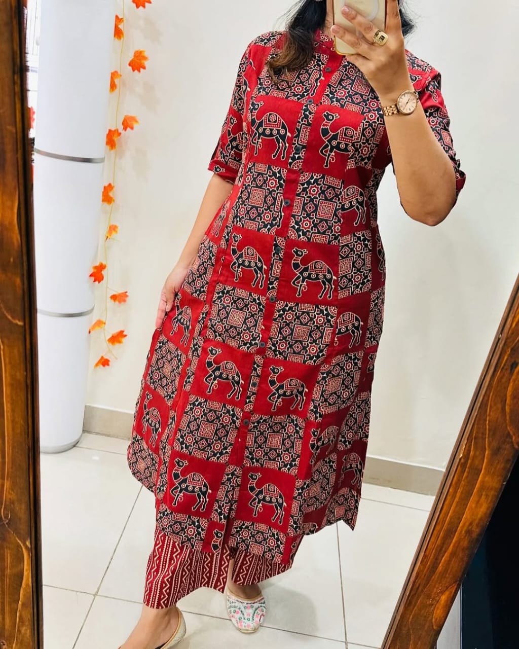 Red Floral Cotton Kurti Palazzo Set