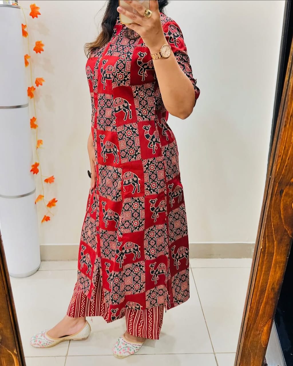 Red Floral Cotton Kurti Palazzo Set