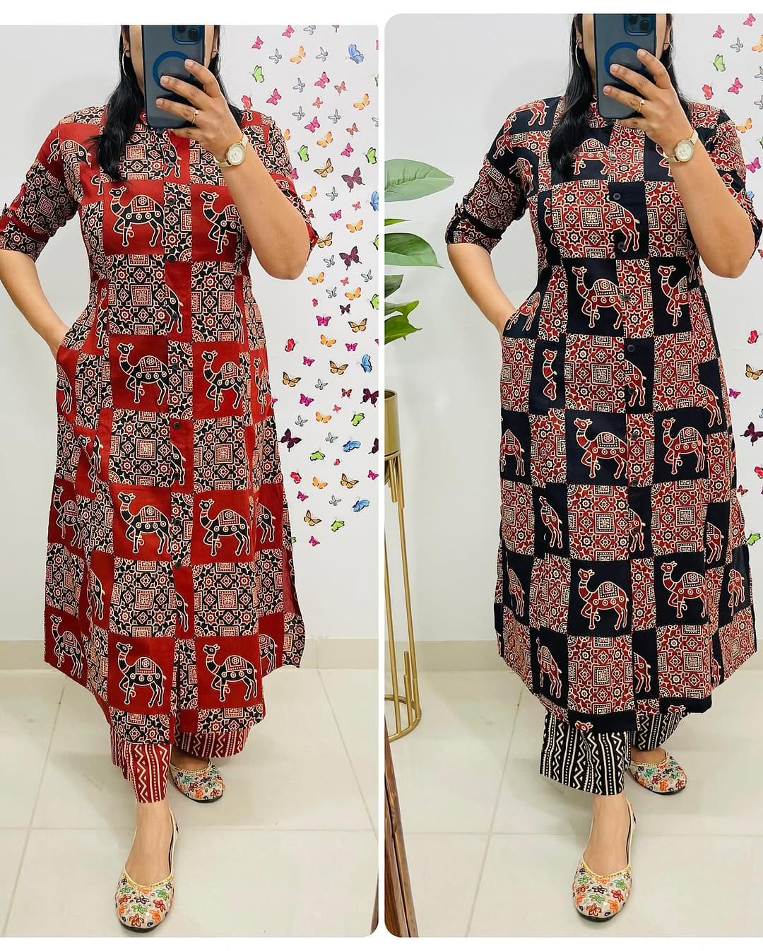 Red Floral Cotton Kurti Palazzo Set