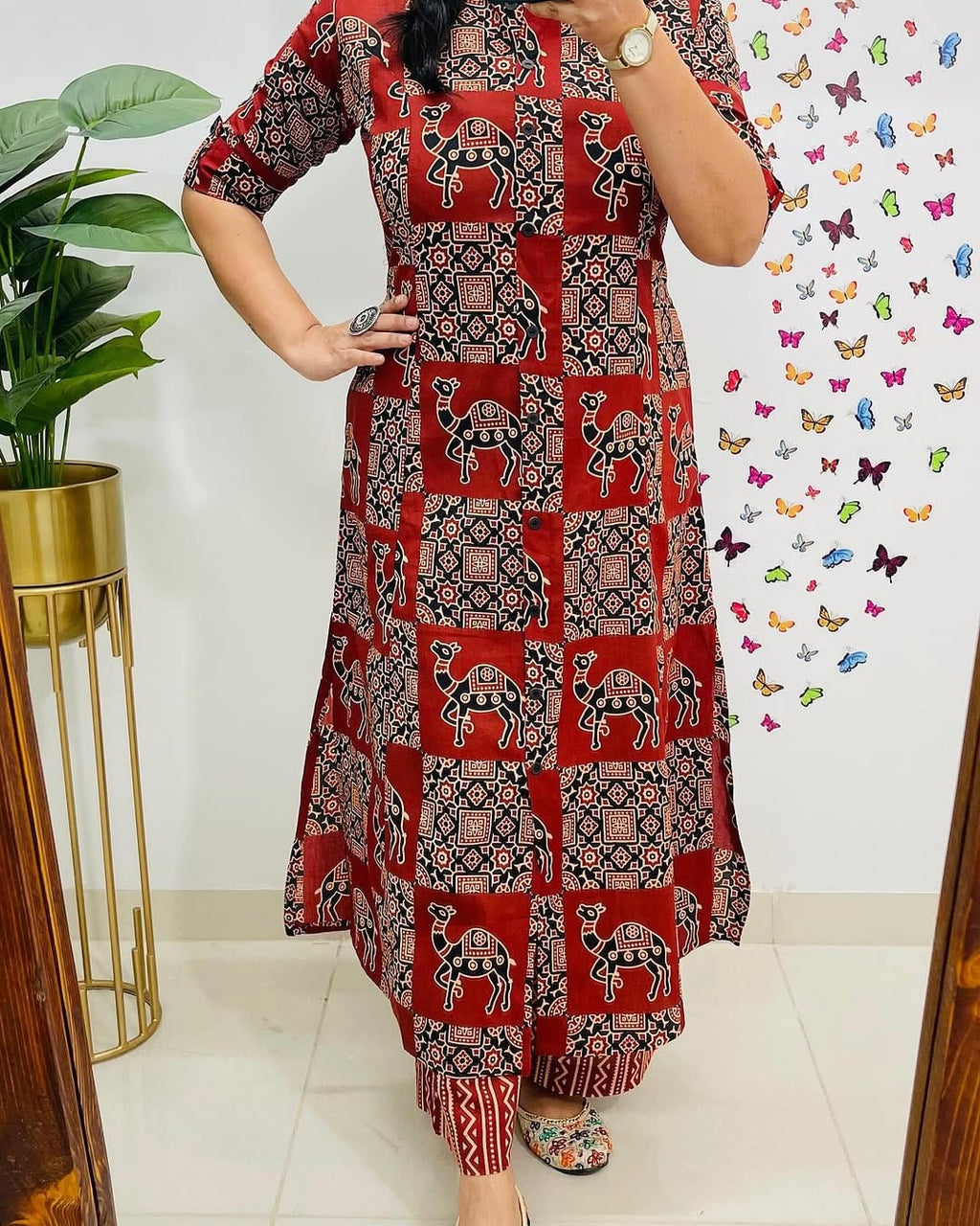 Red Floral Cotton Kurti Palazzo Set