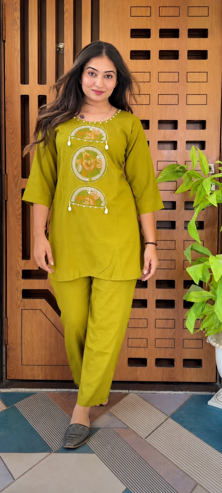 Yellow Cotton Embroidered Co-ord Set
