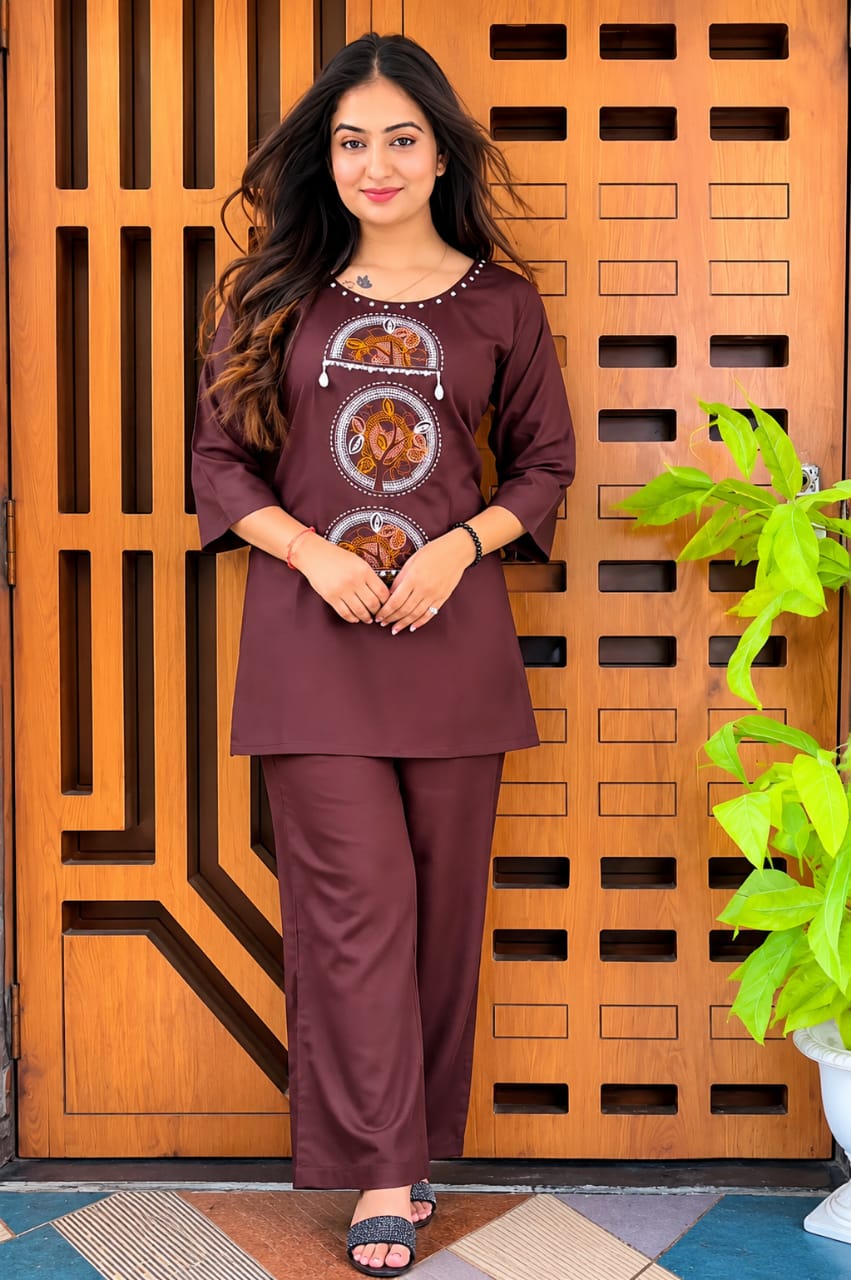 Brown Cotton Embroidered Co-ord Set