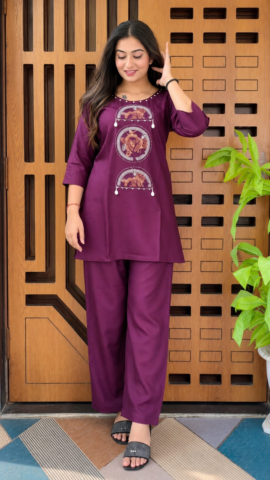 Purple Cotton Embroidered Co-ord Set