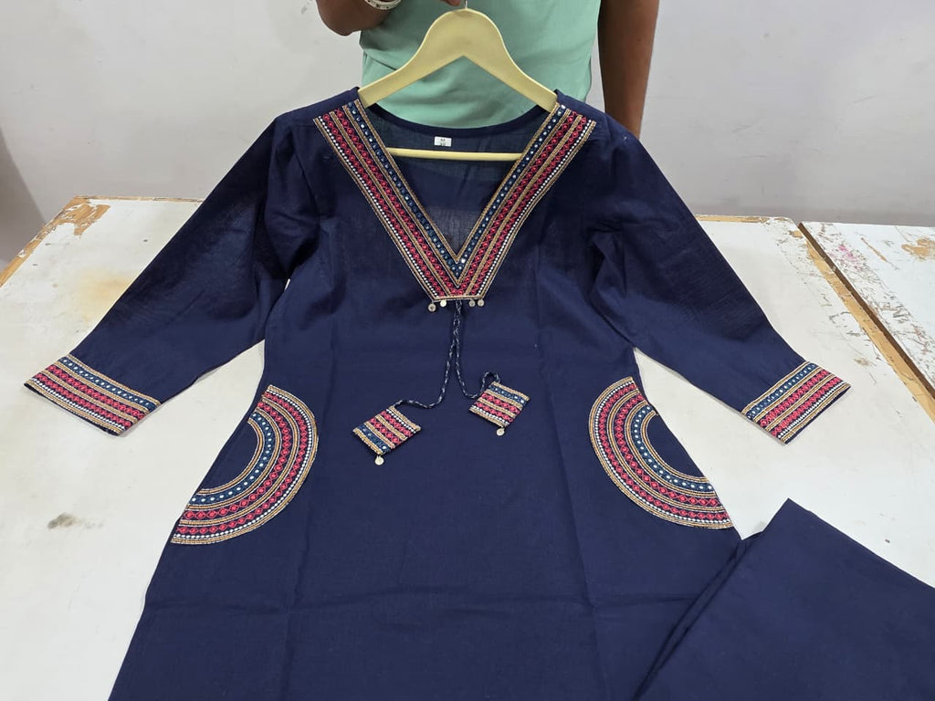 Blue Printed Cotton Kurta  Pant Set